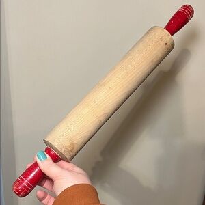 Vintage Wooden Red Handled Rolling Pin Farmhouse Country Primitive 16.25”